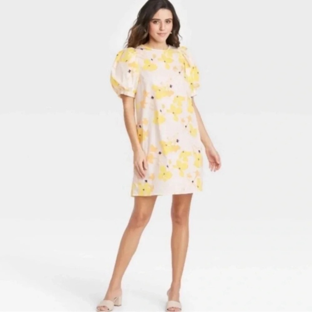 A New Day White Yellow Floral 100% Cotton Mini Dress Summer fall size L Floral